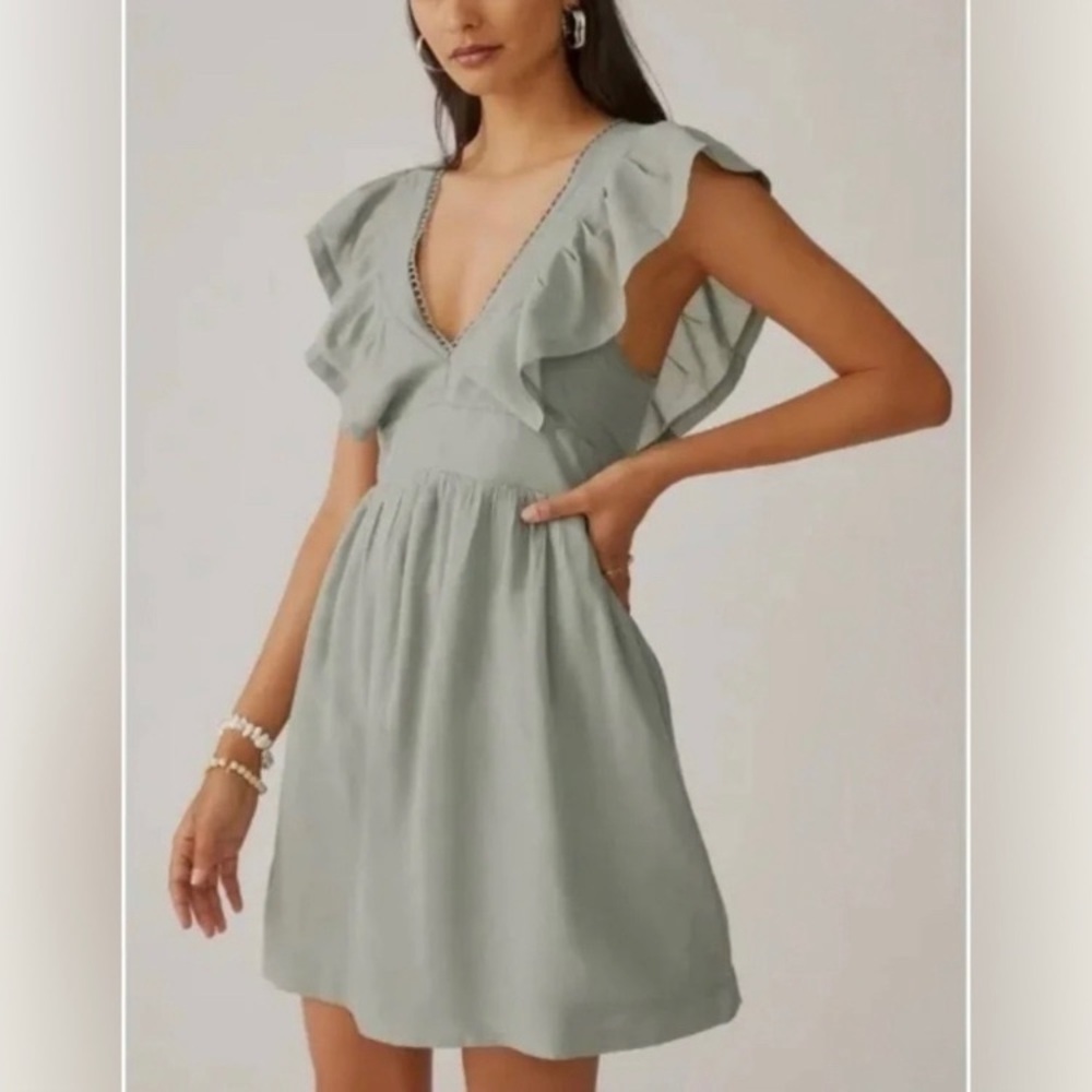 ANTHROPOLOGIE V-NECK PLUNGE TUNIC SAGE GREEN MINI DRESS Size Large NWT